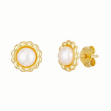 14K Solid Gold Natural Pearl Flower Stud Earrings