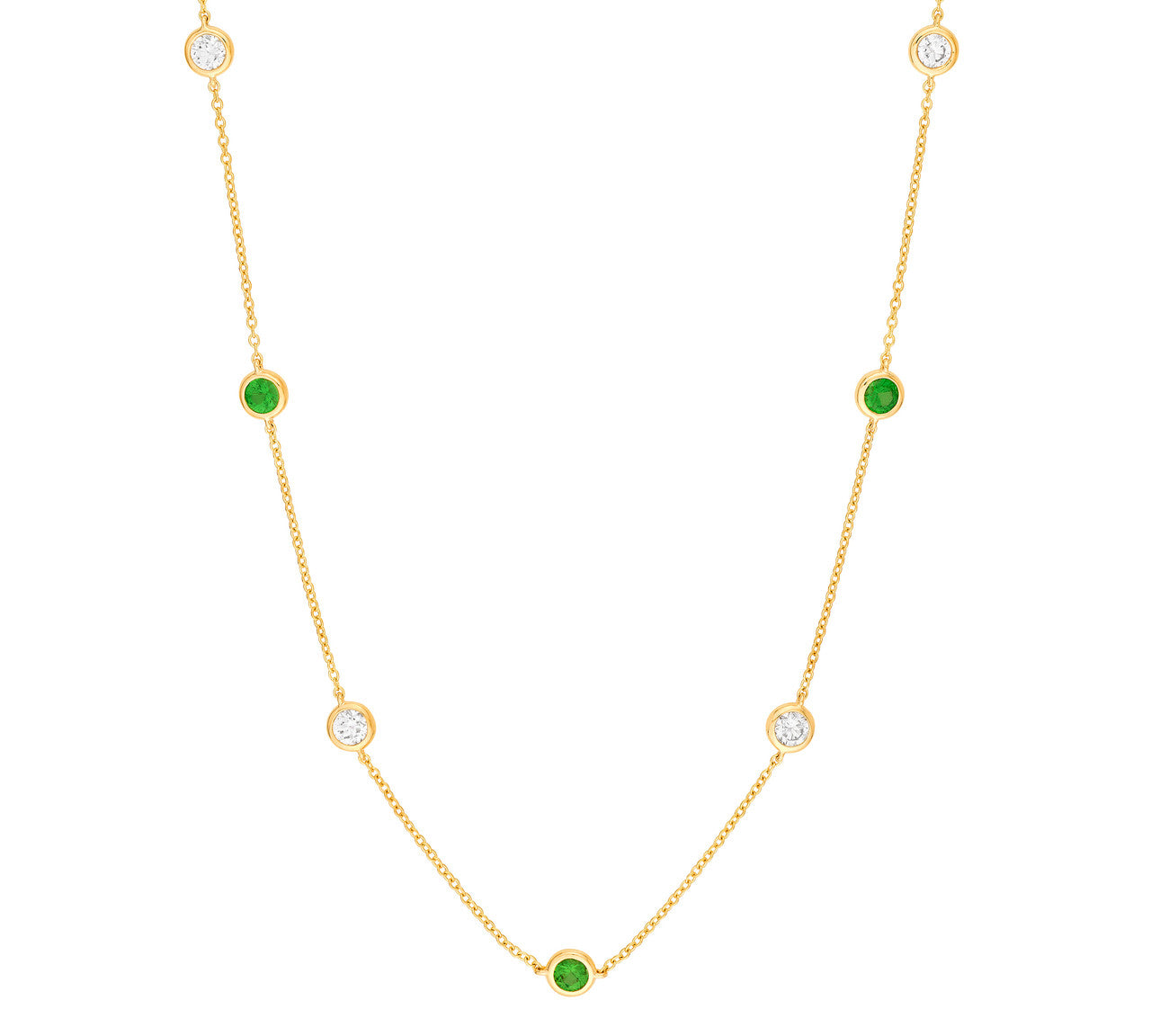 14K  Diamond &amp; Emerald Bezel Station Necklace 