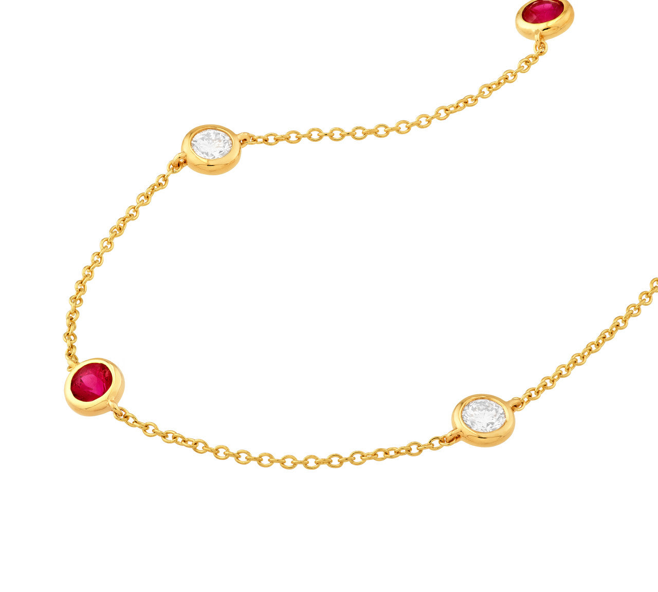 Real 14K Gold 3/8tcw Diamond & Ruby Bezel Station Necklace