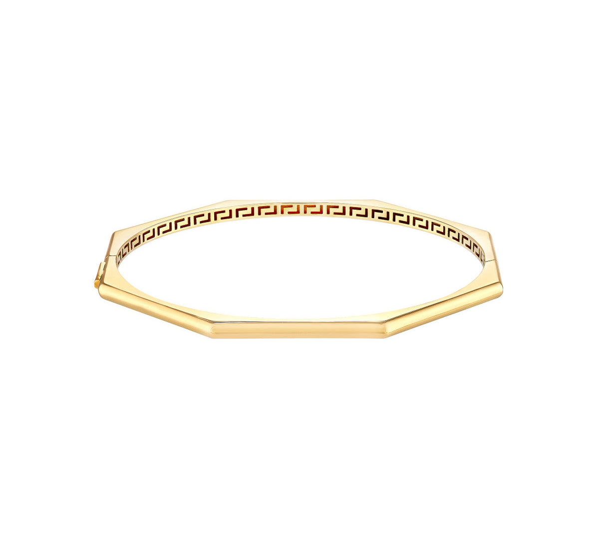 14K Gold Hinged Bangle Bracelet - Geometric Octagon with Greek Key Design