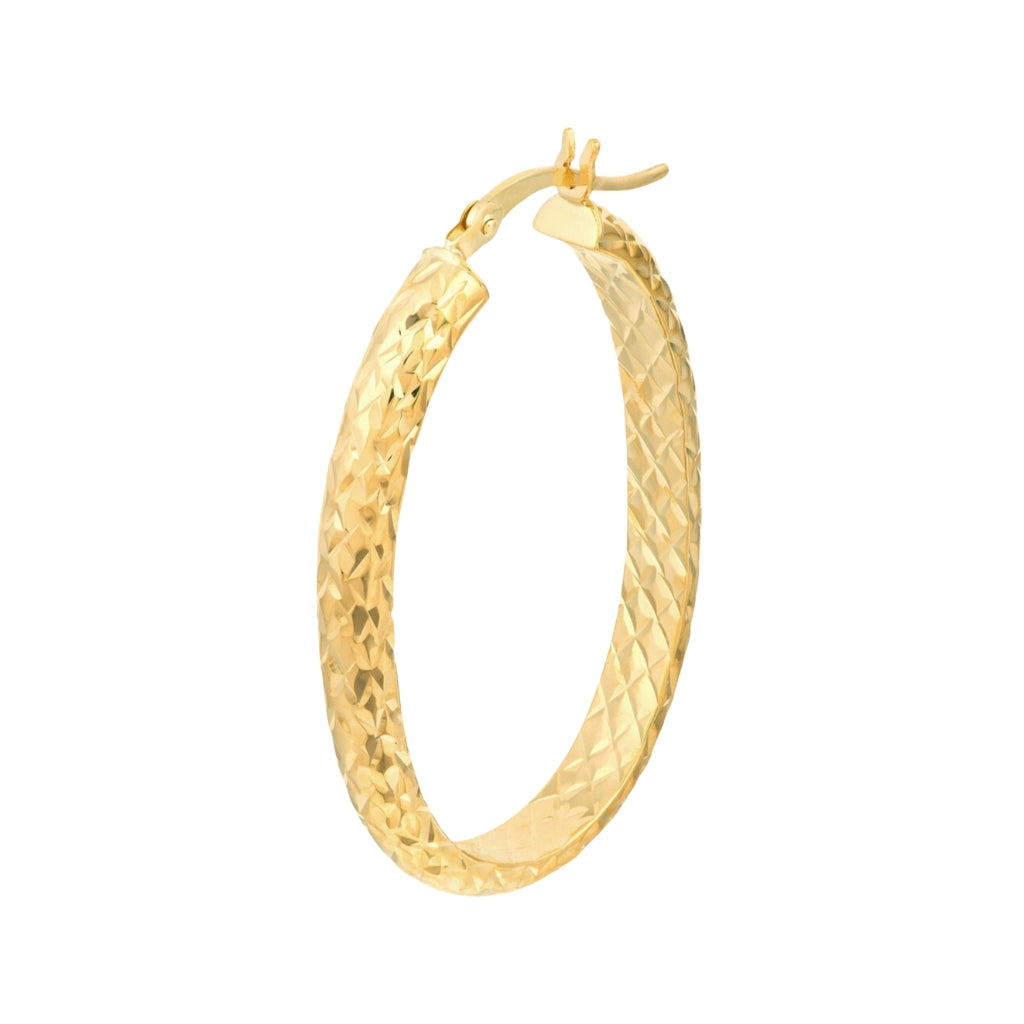 14K Solid Gold Oval Diamond Cut Hoop Earrings—Timeless Elegance | REAL GOLD HOOPS 
