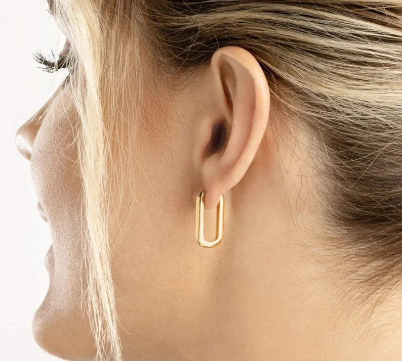 14K solid gold paperclip hoop earrings – modern 20mm real gold hoops